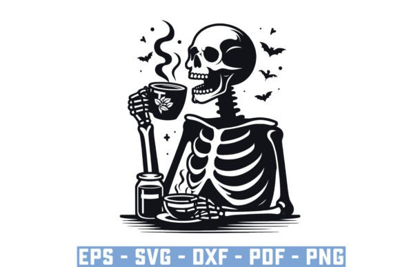 Fun Coffee Drinking Skeleton Skull Svg